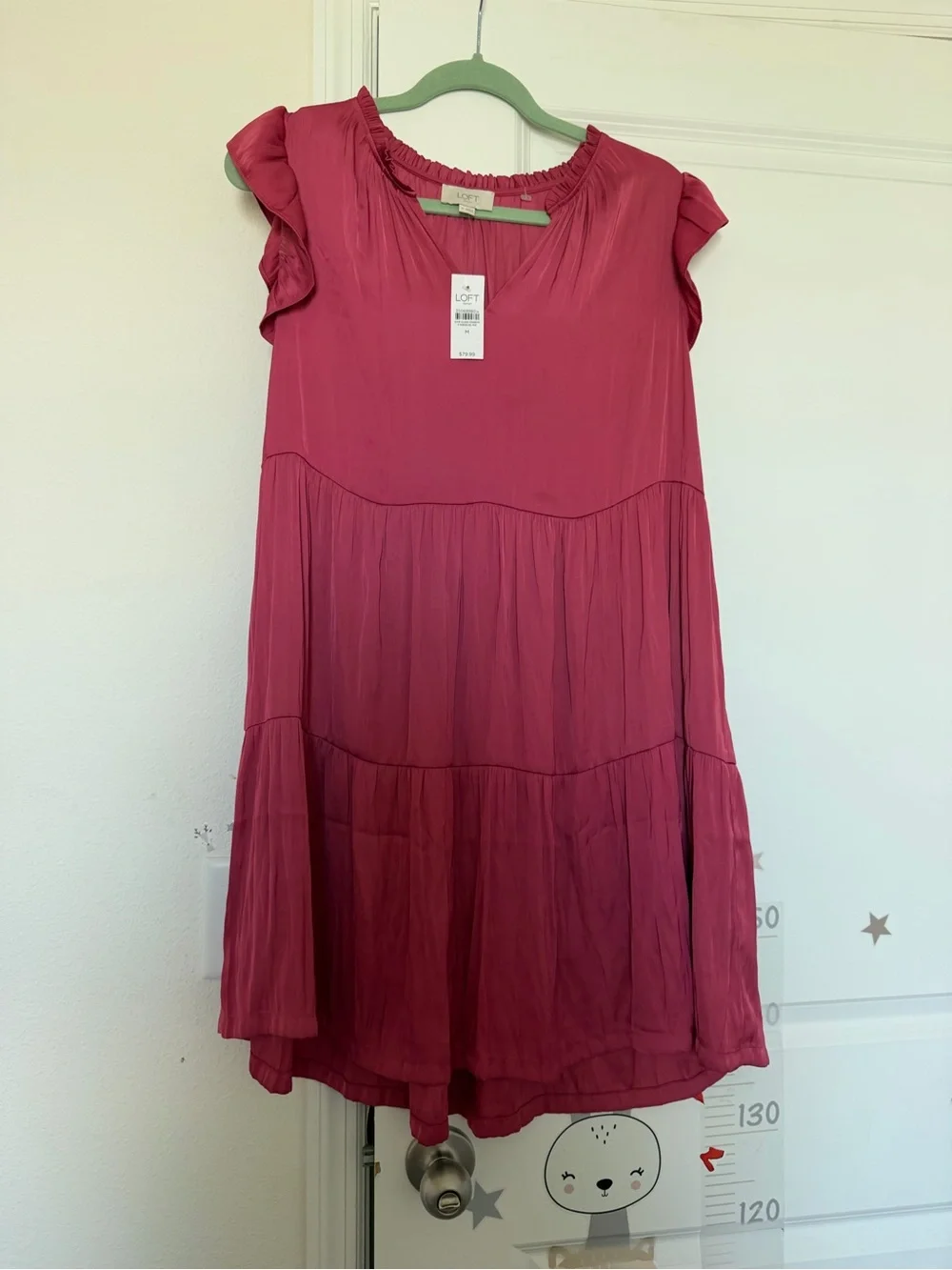 LOFT Raspberry Tiered V-Neck Ruffle Cap-Sleeve Mini Dress - Picture 2 of 4